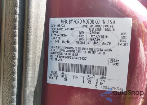 2004 Ford F-250 Lariat/Xl/Xlt из США, поврежденный, VIN 1FTNX20P54EA83427